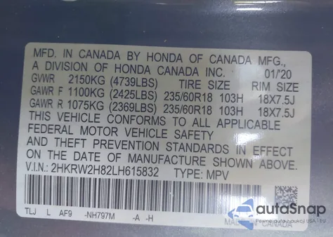 2020 Honda Cr-V Awd Ex-L из США, поврежденный, VIN 2HKRW2H82LH615832